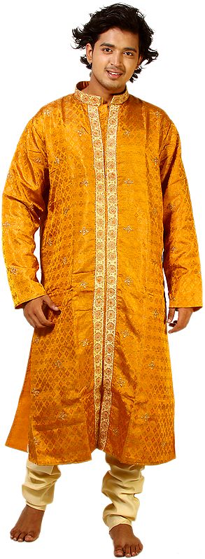 Golden Achkan-Style Kurta Set with Thread Embroidery and Sequins