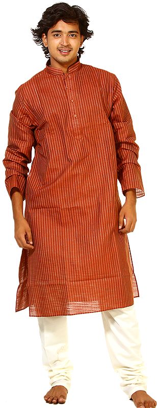 Madder-Brown Kurta Pajama with Woven Stripes