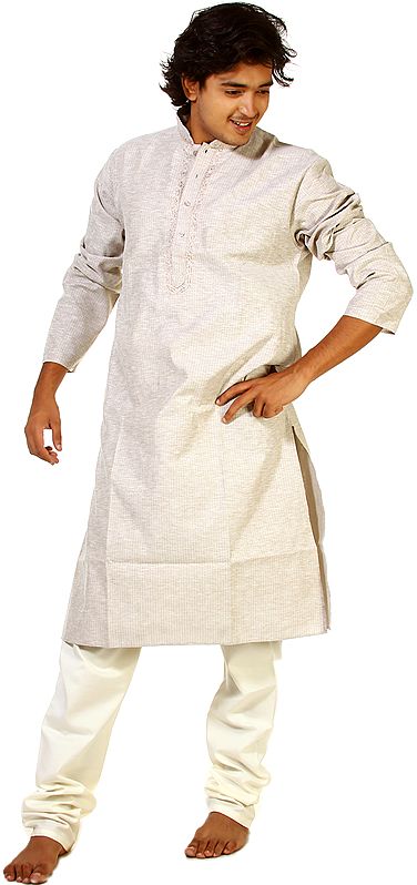 Silver-Gray Kurta Pajama with Embroidery on Neck and Woven Dotted Stripes