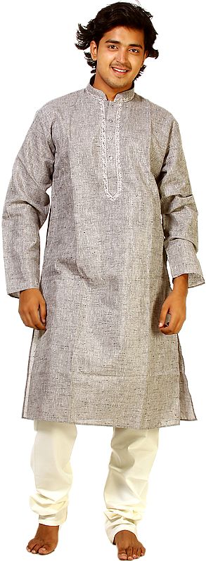 Winter-White Khadi Kurta Pajama with Embroidery on Neck and Self Weave
