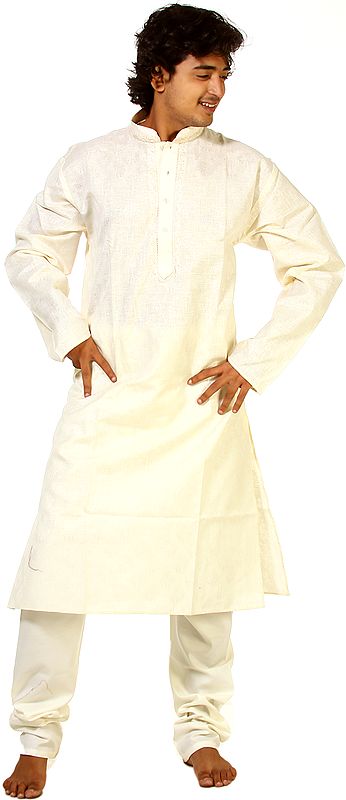 Cream Kurta Set with Self Weave All-Over and Embroidery on Neck