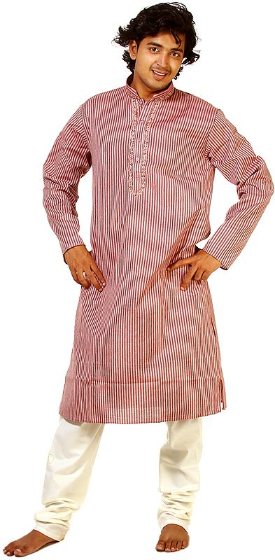 Rose Kurta Pajama with Embroidery on Neck and Woven Stripes