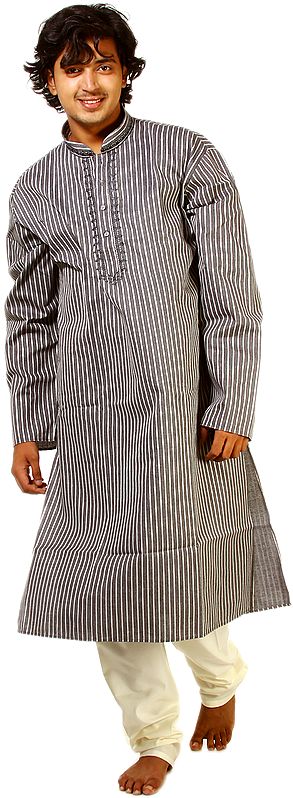 Steel-Gray Kurta Pajama with Embroidery on Neck and Woven Stripes