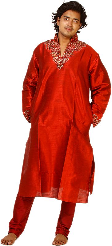 Red Wedding Kurta Pajama with Sequins and Beads Embroidered on Neck