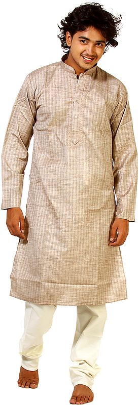 Simply-Taupe Kurta Pajama with Embroidery on Neck and Woven Stripes