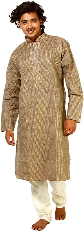 Gothic-Olive Kurta Pajama with Embroidery on Neck and Woven Stripes