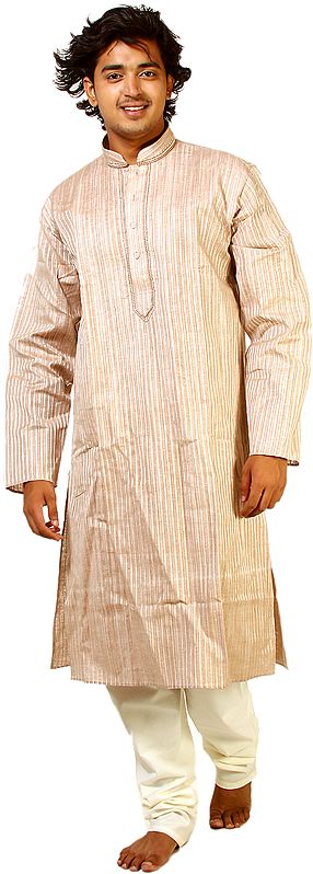 Biscuit-Brown Kurta Pajama with Embroidery on Neck and Woven Stripes