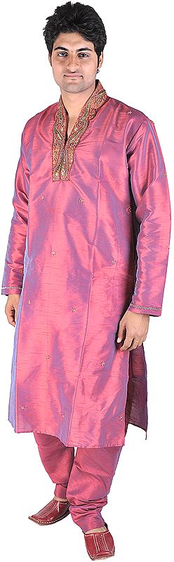 Crimson-Red Wedding Kurta Pajama with Sequins and Beads Embroidered on Neck