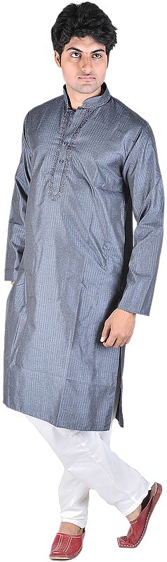 Kurta Pajama with Embroidery on Neck and Woven Stripes