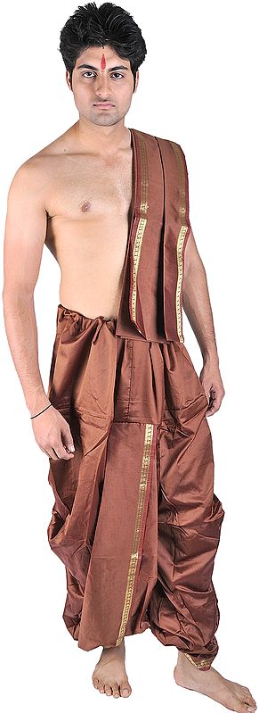 Chocolate-Brown Readymade Dhoti and Veshti Set with Golden Thread Weave on Border