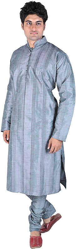Steel-Blue Kurta Pajama with Thread Weave and Chinese Collar