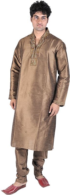 Cocoa-Brown Designer Kurta Pajama with Embroidered Beads and Sequins on Neck