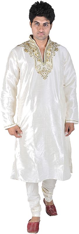 Ivory Wedding Kurta Pajama with Zardozi Embroidery on Neck