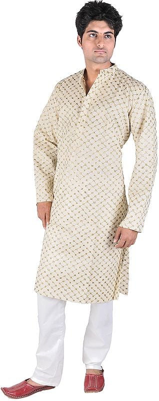 Ivory Kurta Pajama with All-Over Jaal Embroidery