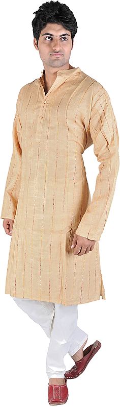 Beige Kurta Pajama with All-Over Thread Weave