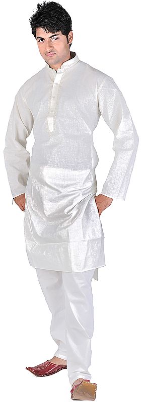 Ivory Kurta Pajama with Embroidery on Neck and Glittering Thread Weave