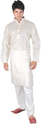 Beige Kurta Pajama with Embroidery on Neck and Woven Stripes