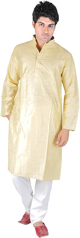 Mustard-Yellow Kurta Pajama with Embroidery on Neck and Thread Weave