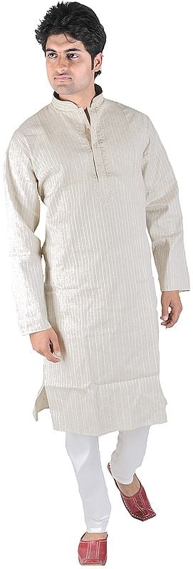 Kurta Pajama with Embroidery on Neck and Woven Stripes