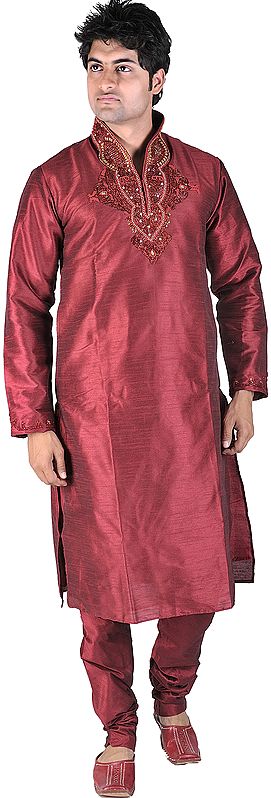 Garnet-Red Wedding Kurta Pajama with Crystals and Beads Embroidered on Neck