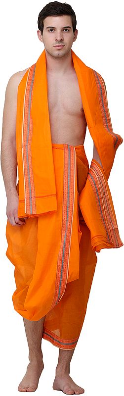 Plain Dhoti and Angavastram Set with Woven Border