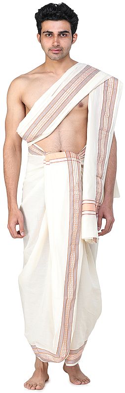 Plain Dhoti and Angavastram Set with Woven Border