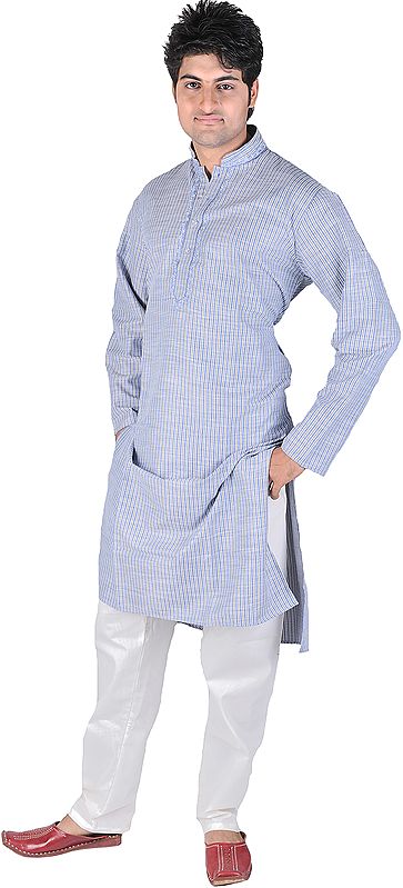 Kurta Pajama with Embroidery on Neck and All-Over Woven Stripes