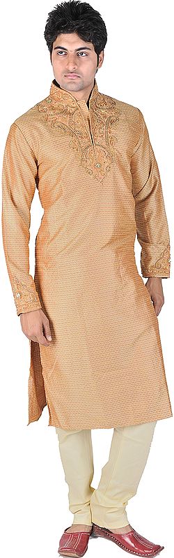 Fawn Designer Kurta Pajama with Embroidered Beads and Sequins on Neck