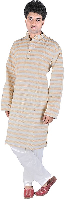 Agate-Gray Kurta Pajama with Horizontal Woven Stripes