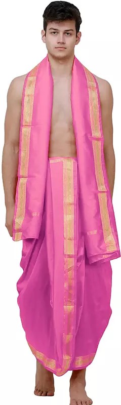 Dhoti and Angavastram Set with Wide Golden Border (Ready to Wear)
