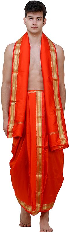 Dhoti and Angavastram Set with Wide Golden Border (Ready to Wear)