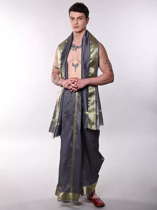 Dhoti and Angavastram Set with Wide Golden Border (Ready to Wear)