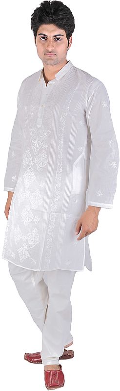 Chic-White Kurta Pajama with Lucknawi Chikan Embroidery All-Over