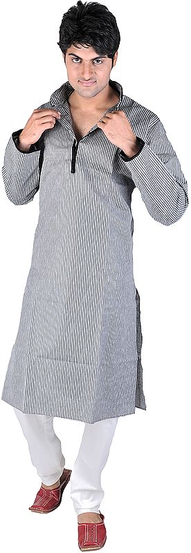 Pewter-Gray Designer Kurta Pajama with Velvet-Applique Neck and Woven Stripes