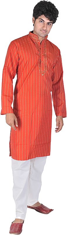 Aurora-Red Kurta Pajama with Embroidery on Neck and Thread Weave