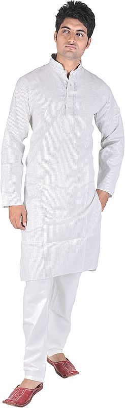 Pure Cotton Kurta Pajama with Embroidery on Neck and Woven Stripes