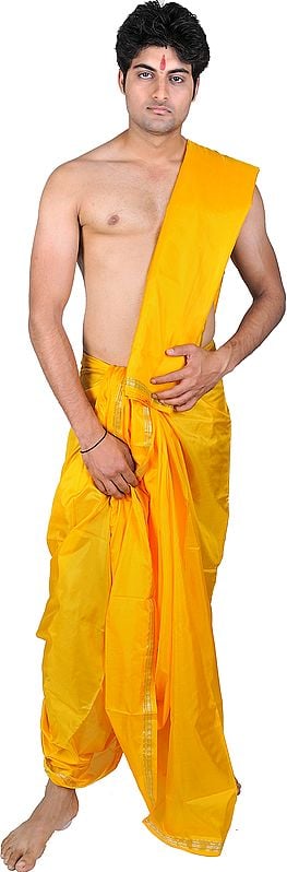 Citrus-Yellow Dhoti and Angavastram Set with Golden Thread Weave on Border