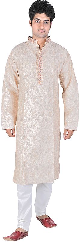 Ivory Wedding Kurta Pajama with Embroidery on Neck and Thread Weave