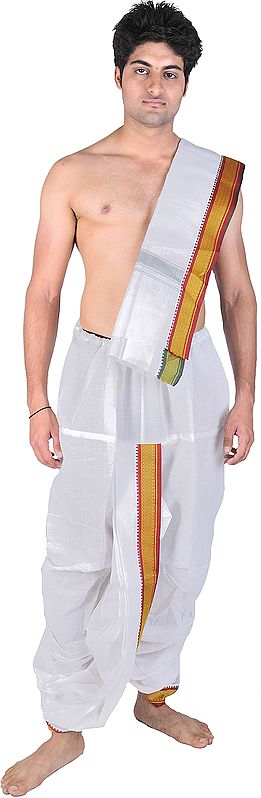 Chic-White Ready to Wear Dhoti Angavastram Set with Golden Thread Weave on Border