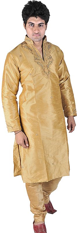 Beige Wedding Kurta Pajama with Crystals and Beads Embroidered on Neck