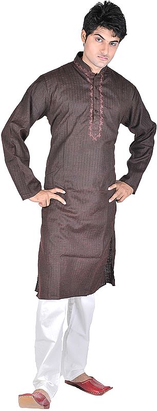 Fudge-Brown Khadi Kurta Pajama with Embroidery on Neck and Thread Weave