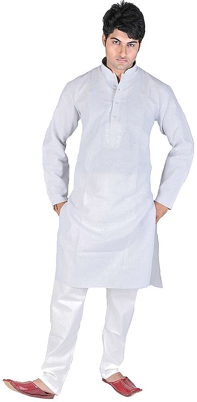 Illusion-Blue Kurta Pajama with Embroidery on Neck and Thread Weave