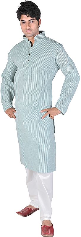 Fair Aqua-Green Kurta Pajama with Woven Stripes and Chinese Collar
