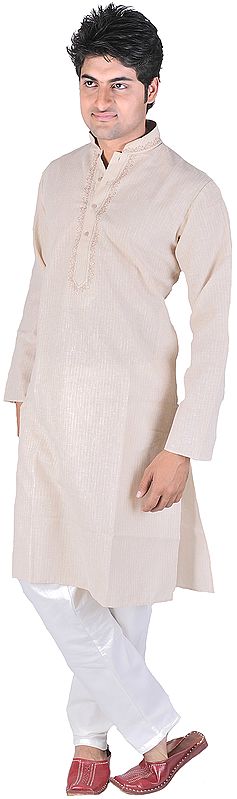 Pink-Champagne Kurta Pajama with Embroidery on Neck and Woven Stripes