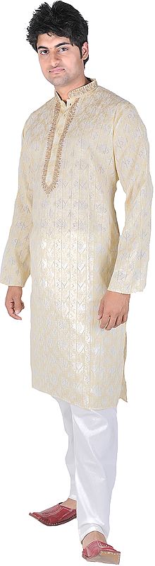 Cream-Yellow Kurta Pajama with Embroidered Flowers on Neck and Thread Weave