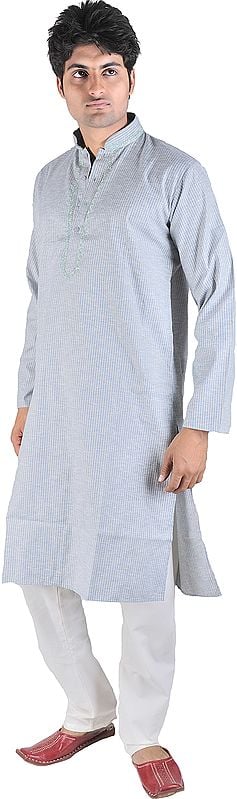 Kurta Pajama with Woven Stripes and Embroidery on Neck