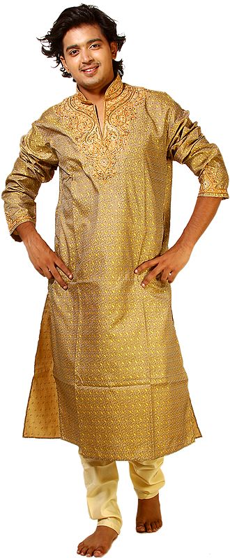 Beige-Gold Kurta Pajama with Crystals Embroidered on Neck and Woven Paisleys