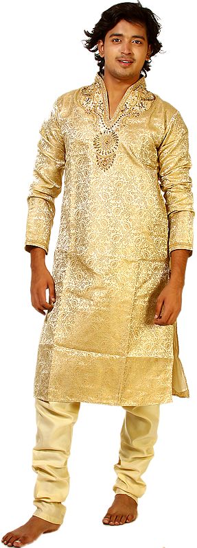 Silver-Fern Wedding Kurta Pajama with Crystals Embroidered on Neck
