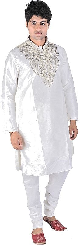 White Wedding Kurta Pajama with Zardozi and Beads Embroidered on Neck