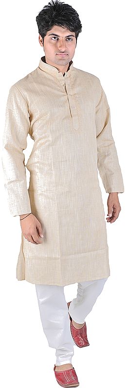 Frosted-Almond Kurta Pajama with Embroidery on Neck and Thread Weave